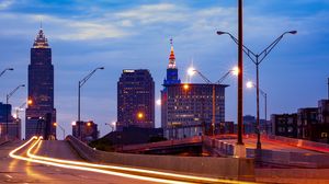 Preview wallpaper city, buildings, twlight, road, long exposure