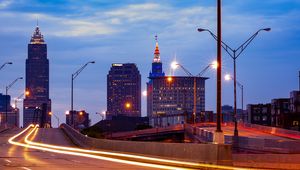 Preview wallpaper city, buildings, twlight, road, long exposure
