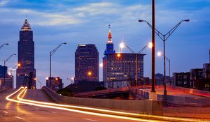 Preview wallpaper city, buildings, twlight, road, long exposure