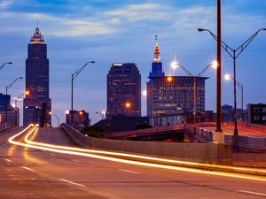 Preview wallpaper city, buildings, twlight, road, long exposure
