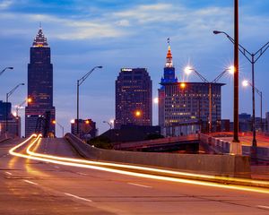 Preview wallpaper city, buildings, twlight, road, long exposure