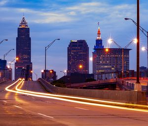 Preview wallpaper city, buildings, twlight, road, long exposure