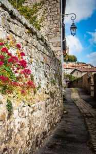 Preview wallpaper city, buildings, wall, street, lantern, flowers