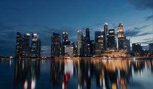 Preview wallpaper city, buildings, water, reflection, lights
