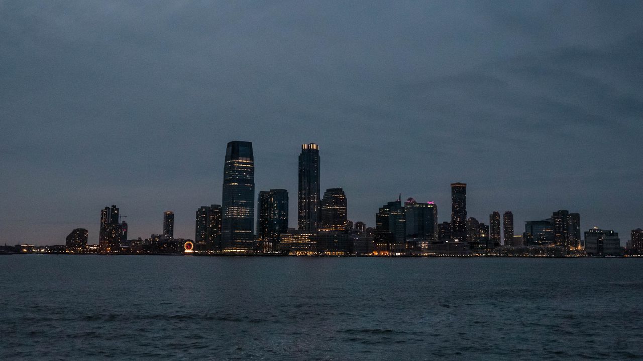 Wallpaper city, buildings, water, lights, twilight