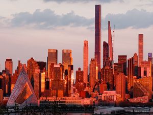 Preview wallpaper city, buildings, water, architecture, twilight
