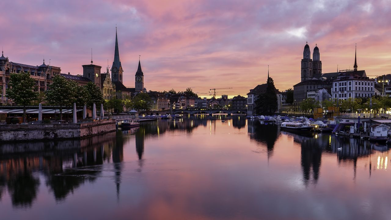 Wallpaper city, buildings, water, river, sunset