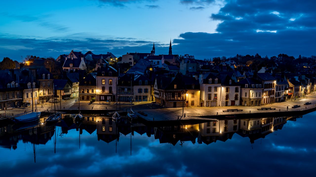 Wallpaper city, buildings, water, aerial view, twilight