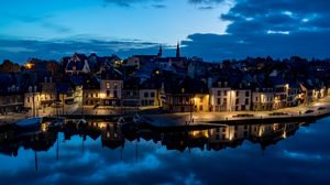 Preview wallpaper city, buildings, water, aerial view, twilight
