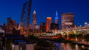 Preview wallpaper city, buildings, water, lights, night