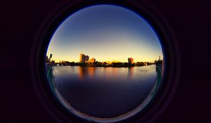 Preview wallpaper city, buildings, water, porthole, view