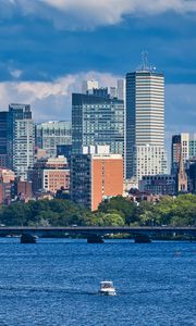 Preview wallpaper city, buildings, water, boat