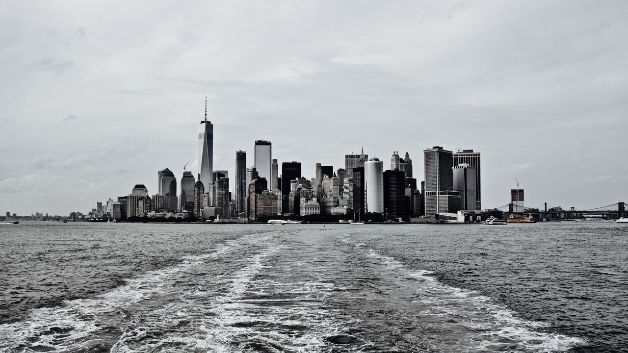 Wallpaper city, buildings, water, waves, metropolis, black and white