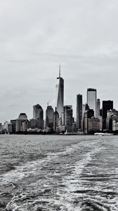 Preview wallpaper city, buildings, water, waves, metropolis, black and white
