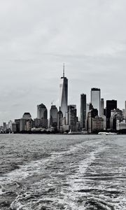 Preview wallpaper city, buildings, water, waves, metropolis, black and white