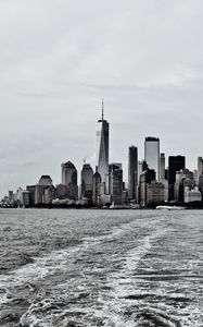 Preview wallpaper city, buildings, water, waves, metropolis, black and white
