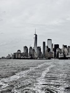 Preview wallpaper city, buildings, water, waves, metropolis, black and white