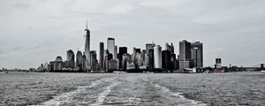 Preview wallpaper city, buildings, water, waves, metropolis, black and white