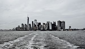 Preview wallpaper city, buildings, water, waves, metropolis, black and white