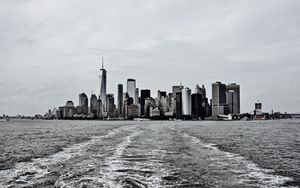 Preview wallpaper city, buildings, water, waves, metropolis, black and white