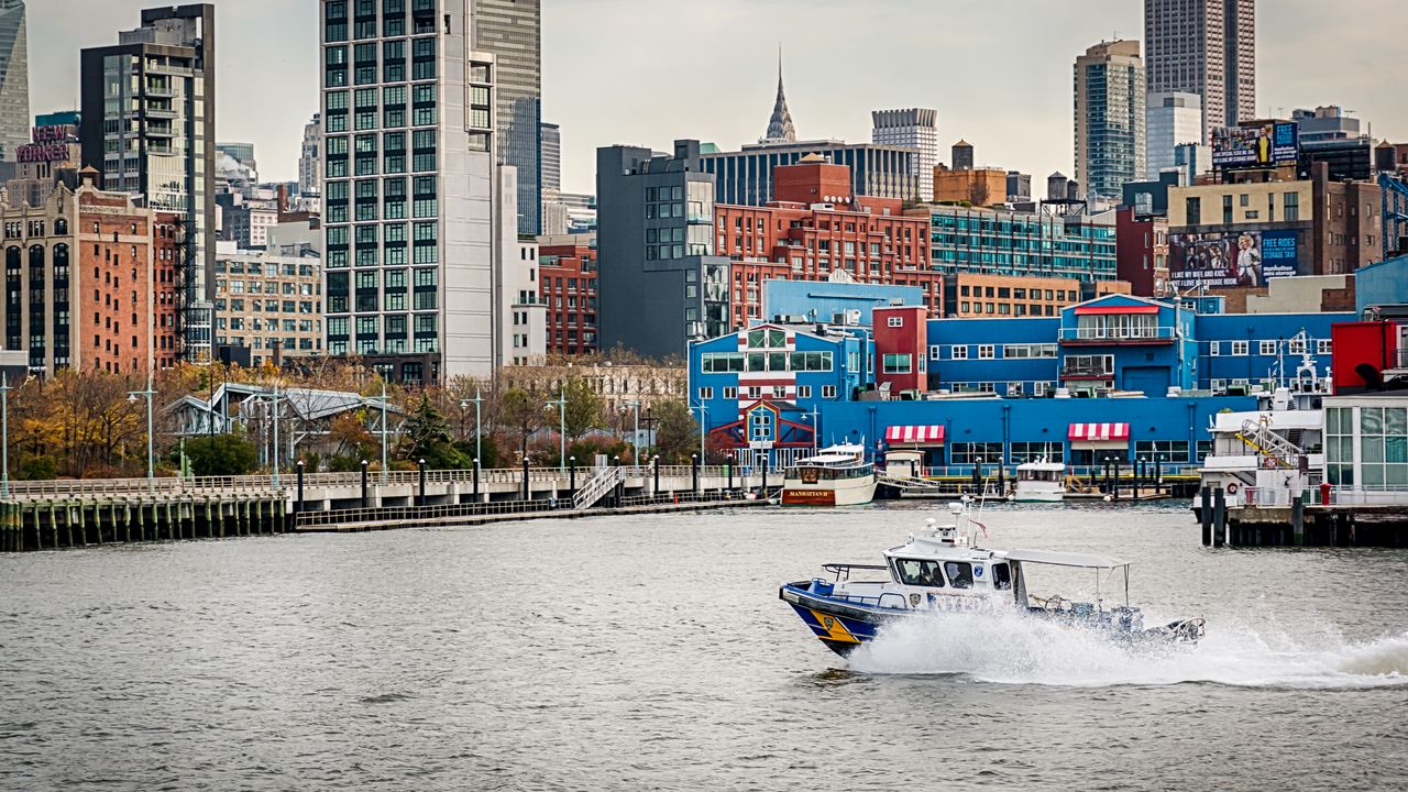 Wallpaper city, buildings, water, boat, pier