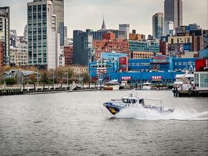 Preview wallpaper city, buildings, water, boat, pier