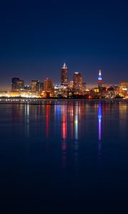 Preview wallpaper city, buildings, water, lights, twilight, reflection