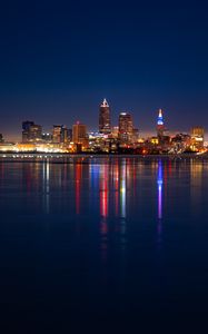 Preview wallpaper city, buildings, water, lights, twilight, reflection