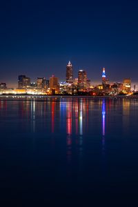 Preview wallpaper city, buildings, water, lights, twilight, reflection