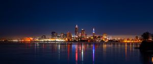 Preview wallpaper city, buildings, water, lights, twilight, reflection