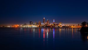 Preview wallpaper city, buildings, water, lights, twilight, reflection