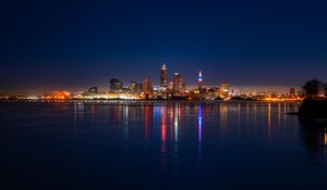 Preview wallpaper city, buildings, water, lights, twilight, reflection