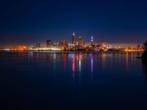 Preview wallpaper city, buildings, water, lights, twilight, reflection