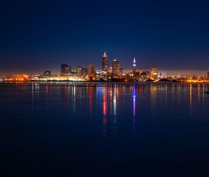 Preview wallpaper city, buildings, water, lights, twilight, reflection