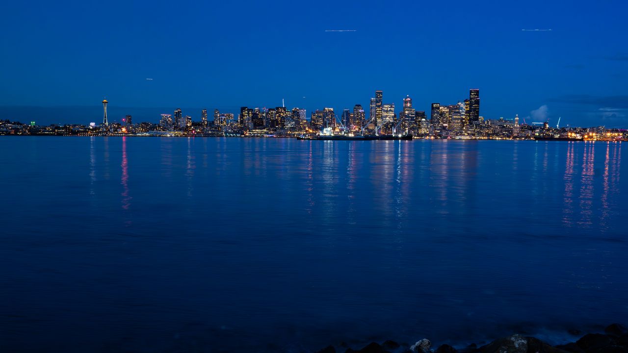 Wallpaper city, buildings, water, lights, reflections, seattle