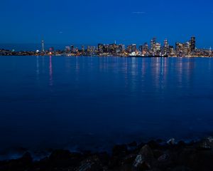 Preview wallpaper city, buildings, water, lights, reflections, seattle