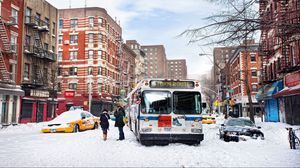 Preview wallpaper city, bus, traffic, snow, winter, people, life