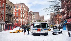 Preview wallpaper city, bus, traffic, snow, winter, people, life