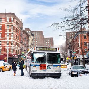 Preview wallpaper city, bus, traffic, snow, winter, people, life