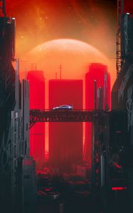 Preview wallpaper city, car, bridge, futurism, cyberpunk, sci-fi