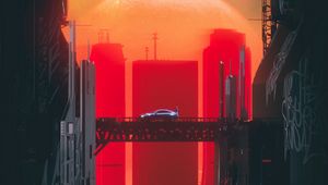 Preview wallpaper city, car, bridge, futurism, cyberpunk, sci-fi