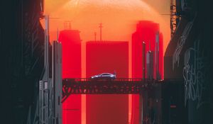 Preview wallpaper city, car, bridge, futurism, cyberpunk, sci-fi