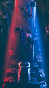 Preview wallpaper city, car, flight, skyscrapers, futurism, cyberpunk, sci-fi