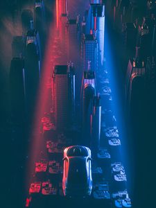 Preview wallpaper city, car, flight, skyscrapers, futurism, cyberpunk, sci-fi