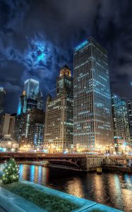 Preview wallpaper city, chicago, channel, water, lights, reflection, night, america, united states, states