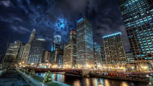 Preview wallpaper city, chicago, channel, water, lights, reflection, night, america, united states, states