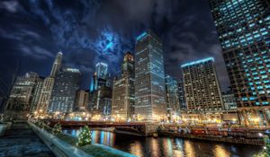 Preview wallpaper city, chicago, channel, water, lights, reflection, night, america, united states, states