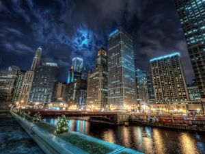 Preview wallpaper city, chicago, channel, water, lights, reflection, night, america, united states, states