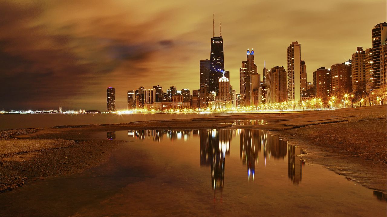 Wallpaper city, chicago, night, lights, lake