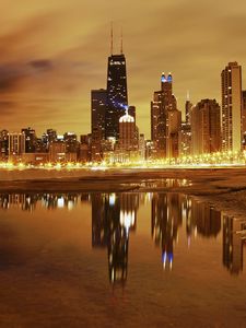 Preview wallpaper city, chicago, night, lights, lake